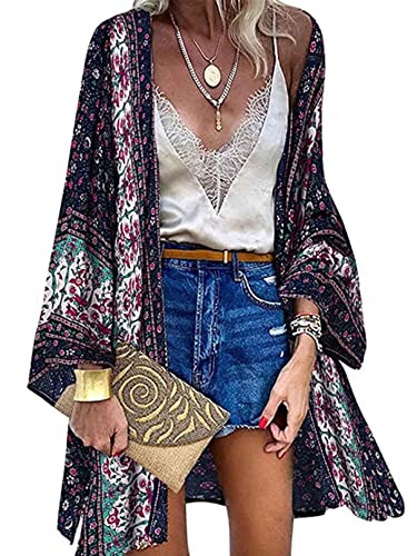 Yutdeng Kimono Damen Strandkleid Blumenkleid Boho Kleid Bikini Cover Up Strand Pareos Leichter Sommer Cardigan Dünne Strickjacke Strandponcho Strandkimonos Strand Tunika,Marineblau,S von Yutdeng