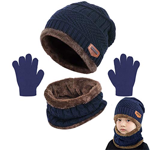 Yutdeng Kinder Mütze Schal Set Junge Mädchen Wintermütze Jungen Gefüttert Winter Beanie Strickmütze Kinder Warm Fleece Innenfutter Winterschal Winterhandschuhe 5-12 Jahre, Blau von Yutdeng