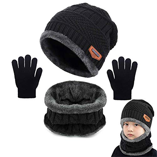 Yutdeng Kinder Mütze Schal Set Junge Mädchen Wintermütze Jungen Gefüttert Winter Beanie Strickmütze Kinder Warm Fleece Innenfutter Winterschal Winterhandschuhe 5-12 Jahre, Schwarz von Yutdeng