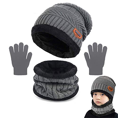 Yutdeng Kinder Mütze Schal Set Junge Mädchen Wintermütze Jungen Gefüttert Winter Beanie Strickmütze Kinder Warm Fleece Innenfutter Winterschal Winterhandschuhe 5-12 Jahre, Grau von Yutdeng