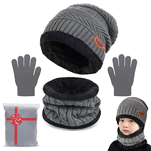 Yutdeng Unisex Baby Winter Warm Knit Mütze Hut Schal Handschuhe Set Touchscreen-Handschuhe Strick mit Kreis Loop Schal Fleece Gefüttert für Ski 3-in-1 Mütze Winter-Set(Grau,One size) von Yutdeng