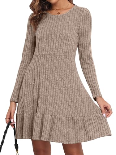 Yutdeng Kleid Damen Elegant Kleider Langarm Winterkleid Damen Pulloverkleid Damen Winter Rundhalsausschnitt A-Linie Freizeitkleid Herbst Midikleid Casual Strickkleid Rippenstrick Minikleid Einfarbig von Yutdeng