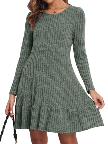 Yutdeng Kleid Damen Elegant Kleider Langarm Winterkleid Damen Pulloverkleid Damen Winter Rundhalsausschnitt A-Linie Freizeitkleid Herbst Midikleid Casual Strickkleid Rippenstrick Minikleid Einfarbig von Yutdeng