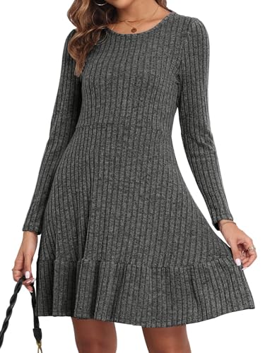 Yutdeng Kleid Damen Elegant Kleider Langarm Winterkleid Damen Pulloverkleid Damen Winter Rundhalsausschnitt A-Linie Freizeitkleid Herbst Midikleid Casual Strickkleid Rippenstrick Minikleid Einfarbig von Yutdeng