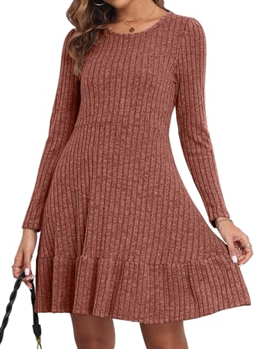 Yutdeng Kleid Damen Elegant Kleider Langarm Winterkleid Damen Pulloverkleid Damen Winter Rundhalsausschnitt A-Linie Freizeitkleid Herbst Midikleid Casual Strickkleid Rippenstrick Minikleid Einfarbig von Yutdeng