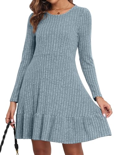 Yutdeng Kleid Damen Elegant Kleider Langarm Winterkleid Damen Pulloverkleid Damen Winter Rundhalsausschnitt A-Linie Freizeitkleid Herbst Midikleid Casual Strickkleid Rippenstrick Minikleid Einfarbig von Yutdeng