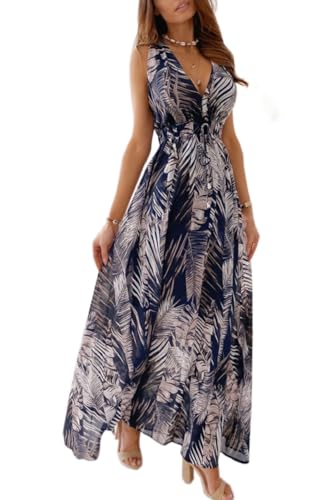 Yutdeng Kleid Damen Sommer Lang Trägerkleid Sommerkleid Lang V Ausschnitt Blumenmuster Rückenfrei Ärmellos Maxi Kleider Boho Strandkleid Blumenkleid Langes Kleid Sommer Elegant,Blau,S von Yutdeng