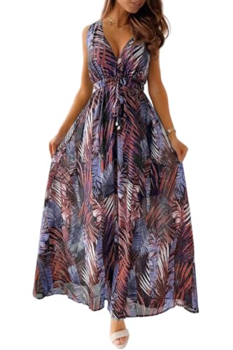 Yutdeng Kleid Damen Sommer Lang Trägerkleid Sommerkleid Lang V Ausschnitt Blumenmuster Rückenfrei Ärmellos Maxi Kleider Boho Strandkleid Blumenkleid Langes Kleid Sommer Elegant,Orange Blatt,M von Yutdeng