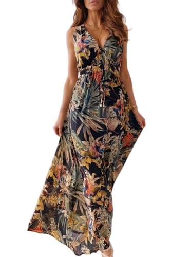 Yutdeng Kleid Damen Sommer Lang Trägerkleid Sommerkleid Lang V Ausschnitt Blumenmuster Rückenfrei Ärmellos Maxi Kleider Boho Strandkleid Blumenkleid Langes Kleid Sommer Elegant,Schwarz,L von Yutdeng