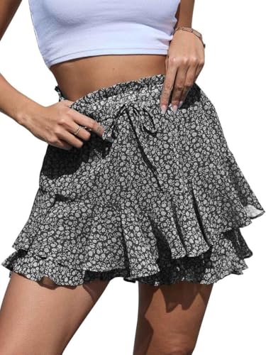 Yutdeng Kurze Hose Damen Shorts Sommerhose Leicht Kurz Hosen Sommer Hosenrock Boho Blumen High Waist Shorts Sommer Elegant Elastische Taille Weite Bein Strandshorts Tennisrock Hotpants,Schwarz,M von Yutdeng