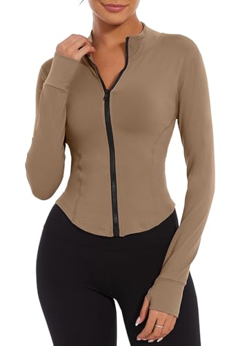 Yutdeng Laufjacke Damen Enge Sportjacke Damen Jacke Yoga Langarm Leicht Trainingsjacke Full Zip Sweatjacke Fitness Atmungsaktive Gym Top Crop Sport Running Shirt mit Reißverschluss Daumenloch Slim Fit von Yutdeng