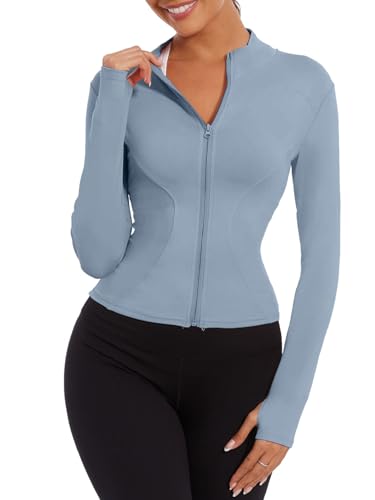 Yutdeng Laufjacke Damen Enge Sportjacke Trainingsjacke Full Zip Gym Jacke Eng Sweatjacke Langarm Yoga Jacke Jogging Running Sport Jacke Fitness Atmungsaktive Sportjacken für Damen,Blau,XL von Yutdeng