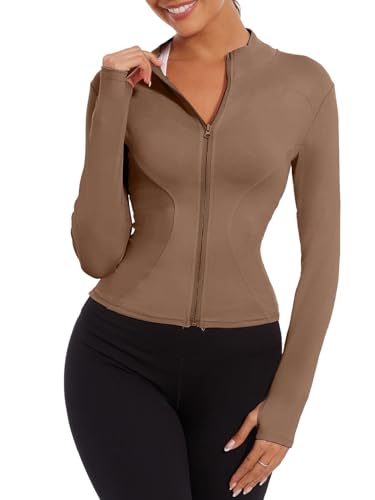 Yutdeng Laufjacke Damen Enge Sportjacke Trainingsjacke Full Zip Gym Jacke Eng Sweatjacke Langarm Yoga Jacke Jogging Running Sport Jacke Fitness Atmungsaktive Sportjacken für Damen,Braun,XXL von Yutdeng