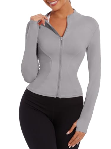 Yutdeng Laufjacke Damen Enge Sportjacke Trainingsjacke Full Zip Gym Jacke Eng Sweatjacke Langarm Yoga Jacke Jogging Running Sport Jacke Fitness Atmungsaktive Sportjacken für Damen,Grau,L von Yutdeng