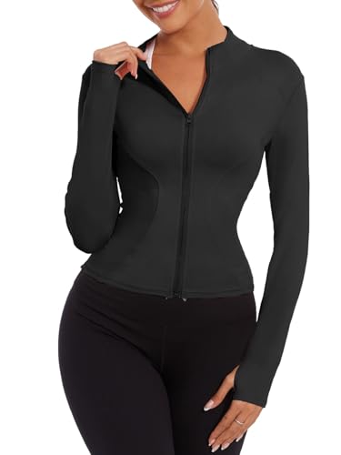 Yutdeng Laufjacke Damen Enge Sportjacke Trainingsjacke Full Zip Gym Jacke Eng Sweatjacke Langarm Yoga Jacke Jogging Running Sport Jacke Fitness Atmungsaktive Sportjacken für Damen,Schwarz,XXL von Yutdeng