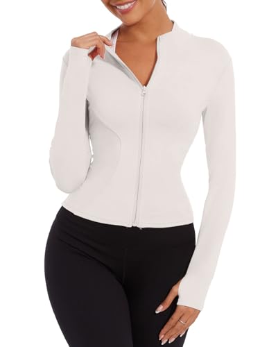 Yutdeng Laufjacke Damen Enge Sportjacke Trainingsjacke Full Zip Gym Jacke Eng Sweatjacke Langarm Yoga Jacke Jogging Running Sport Jacke Fitness Atmungsaktive Sportjacken für Damen,Weiß,M von Yutdeng