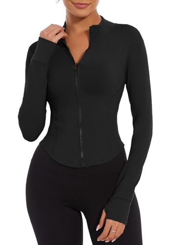 Yutdeng Laufjacke Damen Trainingsjacke Eng Yoga Jacke Sportshirt Langarm Sweatjacke ohne Kapuze Sportjacke mit Reißverschluss Running Jacket Fitness Jogging Outdoor Gym Jacke Damen,Schwarz,XXL von Yutdeng