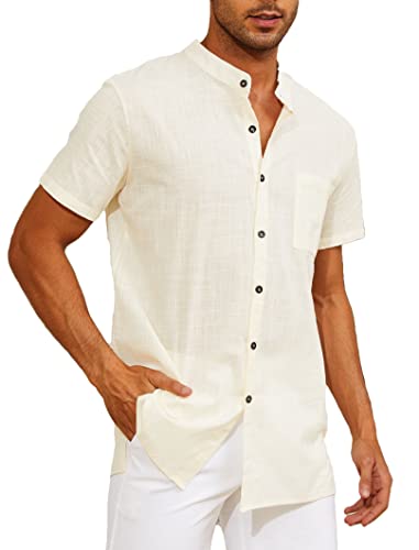 Yutdeng Leinenhemd Herren Kurzarm Hemd Sommerhemd Stehkragenhemd Casual Strandhemd Sommer Hemden Regular Fit Freizeithemden für Herren Leinen Hemd Kurzarmhemd Stehkragen Shirt,Beige,L von Yutdeng