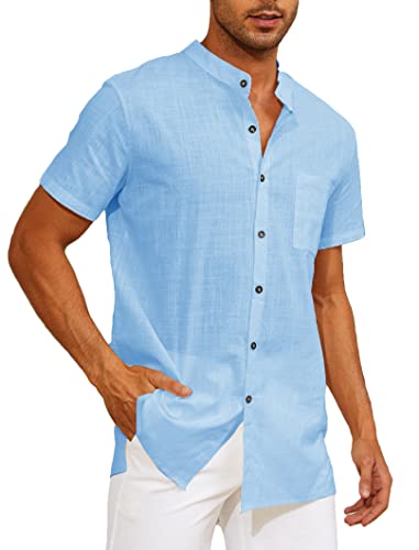 Yutdeng Leinenhemd Herren Kurzarm Hemd Sommerhemd Stehkragenhemd Casual Strandhemd Sommer Hemden Regular Fit Freizeithemden für Herren Leinen Hemd Kurzarmhemd Stehkragen Shirt,Hellblau,L von Yutdeng