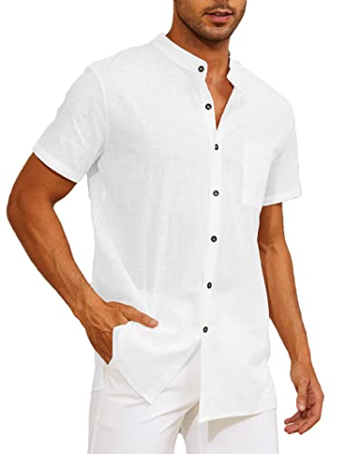 Yutdeng Leinenhemd Herren Kurzarm Hemd Sommerhemd Stehkragenhemd Casual Strandhemd Sommer Hemden Regular Fit Freizeithemden für Herren Leinen Hemd Kurzarmhemd Stehkragen Shirt,Weiß,M von Yutdeng