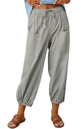 Yutdeng Leinenhose Damen 7/8 Sommer Hose Leichte Sommerhose Weite Leinenhose mit Taschen Kordelzug Baumwolle Lockere Hosen Leinen Hose Damen Strandhose Freizeithose Linen Pants Stoffhose,Grau,XL von Yutdeng