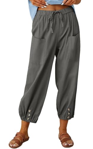 Yutdeng Leinenhose Damen 7/8 Sommer Hose Leichte Sommerhose Weite Leinenhose mit Taschen Kordelzug Baumwolle Lockere Hosen Leinen Hose Strandhose Freizeithose Linen Pants Stoffhose,Dunkelgrau,M von Yutdeng