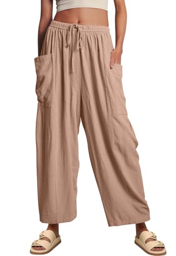 Yutdeng Leinenhose Damen Hosen Sommer Lang Locker Freizeithose Leinen Palazzo Hose Damen Sommer Weite Beine Stoffhose Elegant Gummizug Sommerhose Leicht Damenhose Baumwolle Casual Taschen Kordelzug von Yutdeng