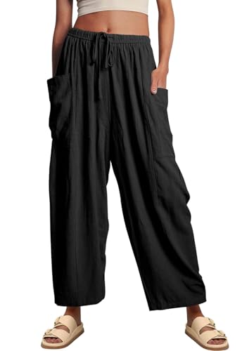 Yutdeng Leinenhose Damen Hosen Sommer Lang Locker Freizeithose Leinen Palazzo Hose Damen Sommer Weite Beine Stoffhose Elegant Gummizug Sommerhose Leicht Damenhose Baumwolle Casual Taschen Kordelzug von Yutdeng