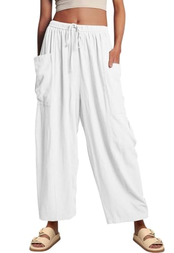Yutdeng Leinenhose Damen Hosen Sommer Weite Hose Locker Sommerhose Leinen Hose Palazzo Strandhose mit Taschen Kordelzug Baumwollhose Sommerhosen Damen Leicht und Luftig Freizeithose,Weiß,XL von Yutdeng