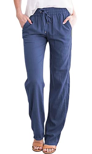 Yutdeng Leinenhose Damen Sommerhose Leicht Casual Hosen Lang Baumwolle Freizeithose Weite Hose Sommer Locker Strandhose Bequeme Atmungsaktive Loose Pants Stoffhose Elegant,Marineblau,S von Yutdeng