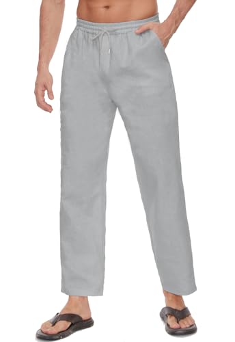 Yutdeng Leinenhose Herren Lang Freizeithose Leicht Sommerhose Elastische Taille Strandhose mit Kordelzug Taschen Männer Leinen Hose Einfarbig Jogging Hosen Loose Baumwollehosen Urlaub Strand Alltag von Yutdeng