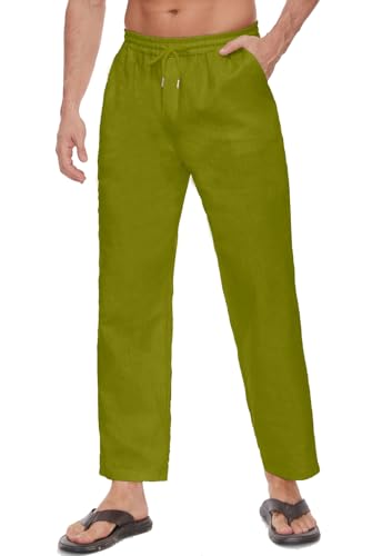 Yutdeng Leinenhose Herren Lang Freizeithose Leicht Sommerhose Elastische Taille Strandhose mit Kordelzug Taschen Männer Leinen Hose Einfarbig Jogging Hosen Loose Baumwollehosen Urlaub Strand Alltag von Yutdeng