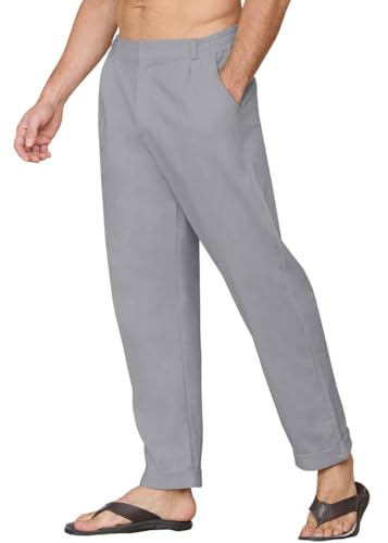 Yutdeng Leinenhose Herren Lang Sommer Leichte Sommerhose Leinen Hose mit Taschen Elastischer Bund Casual Freizeithose Stoffhose Strandhose Linen Pants Baumwolle Leinenhosen Sommerhosen,Grau,L von Yutdeng