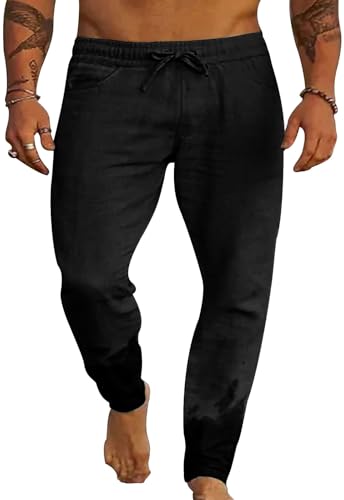 Yutdeng Leinenhose Herren Lang Sommerhose Herren Leichte Freizeithose Leinen Hose Herren Stoffhose Männer Herrenhose Sommer Hosen Elastische Taille Strandhose Einfarbig Urlaub Strand Alltag Taschen von Yutdeng