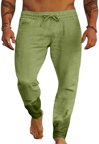 Yutdeng Leinenhose Herren Lang Sommerhose Herren Leichte Freizeithose Leinen Hose Herren Stoffhose Männer Herrenhose Sommer Hosen Elastische Taille Strandhose Einfarbig Urlaub Strand Alltag Taschen von Yutdeng