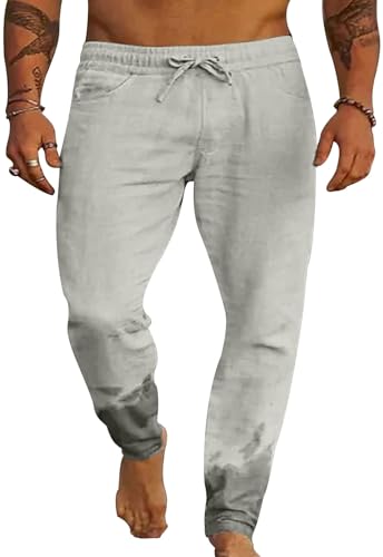 Yutdeng Leinenhose Herren Lang Sommerhose Herren Leichte Freizeithose Leinen Hose Herren Stoffhose Männer Herrenhose Sommer Hosen Elastische Taille Strandhose Einfarbig Urlaub Strand Alltag Taschen von Yutdeng