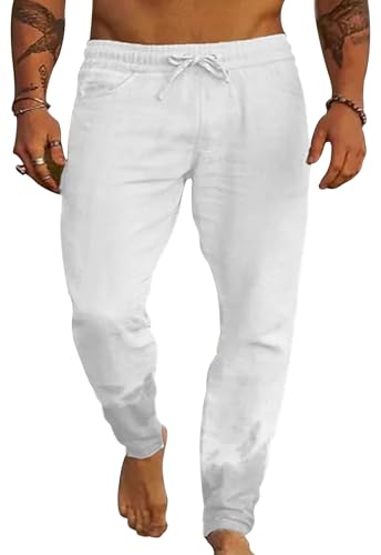 Yutdeng Leinenhose Herren Lang Sommerhose Herren Leichte Freizeithose Leinen Hose Herren Stoffhose Männer Herrenhose Sommer Hosen Elastische Taille Strandhose Einfarbig Urlaub Strand Alltag Taschen von Yutdeng