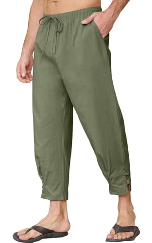 Yutdeng Leinenhose Herren Lang Sommerhose Leicht 7/8 Hose Herren Sommer Leinen Hose Baggy Hose Lockere Strandhose mit Taschen mit Kordelzug Freizeithose Dünne Leinenhosen Baumwolle,Grün,XXL von Yutdeng