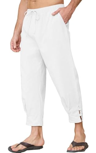 Yutdeng Leinenhose Herren Lang Sommerhose Leicht 7/8 Hose Herren Sommer Leinen Hose Baggy Hose Lockere Strandhose mit Taschen mit Kordelzug Freizeithose Dünne Leinenhosen Baumwolle,Weiß,S von Yutdeng