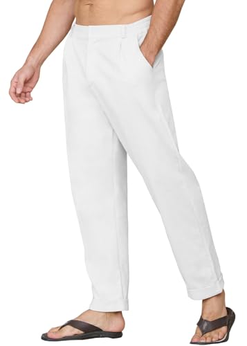Yutdeng Leinenhose Herren Sommer Lässige Hose Herren Leinen Sommerhose Herren Stoffhose Elastischer Bund Freizeithose Lang Hosen Männer Baumwollehosen Strandhose Knöpfe Taschen Urlaub Strand Alltag von Yutdeng