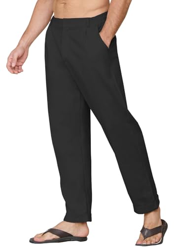 Yutdeng Leinenhose Herren Sommer Lässige Hose Herren Leinen Sommerhose Herren Stoffhose Elastischer Bund Freizeithose Lang Hosen Männer Baumwollehosen Strandhose Knöpfe Taschen Urlaub Strand Alltag von Yutdeng