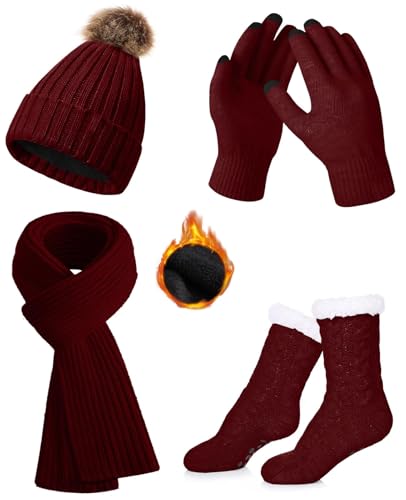 Yutdeng Mütze Schal Handschuhe und Socken Set 4 in 1 Damen Winter Warme 4 Stück Strickmütze Lange Schal Dicke Socken Plüsch Beanie Mütze Fleece Gefütterte Wintermütze Touchscreen Winterset Geschenke von Yutdeng