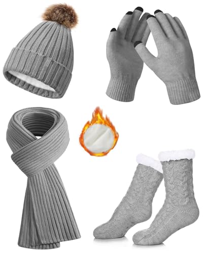Yutdeng Mütze Schal Handschuhe und Socken Set 4 in 1 Damen Winter Warme 4 Stück Strickmütze Lange Schal Dicke Socken Plüsch Beanie Mütze Fleece Gefütterte Wintermütze Touchscreen Winterset Geschenke von Yutdeng