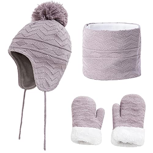 Yutdeng Mütze Strick Baby Schal Fleece Handschuhe Set Fellbommel Beanie Hüte mit Earflap Mädchen Winter Halswärmer Mütze Set Fäustlinge Ohrenklappen mütze Warme Jungen 1-6 Jahre,Grau,L von Yutdeng