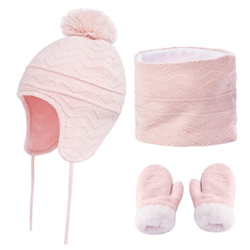 Yutdeng Mütze Strick Baby Schal Fleece Handschuhe Set Fellbommel Beanie Hüte mit Earflap Mädchen Winter Halswärmer Mütze Set Fäustlinge Ohrenklappen mütze Warme Jungen 1-6 Jahre,Rosa,L von Yutdeng