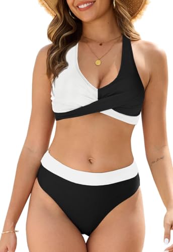 Yutdeng Neckholder Bikini Damen Bauchweg Push Up High Waist Bikini Set Crossover Gepolstert Bauch Weg Bikini mit Hohem Bund Badeanzug Zweiteilig Bademode Damen Bauchweg Swimwear Women,Schwarz-Weiß,S von Yutdeng