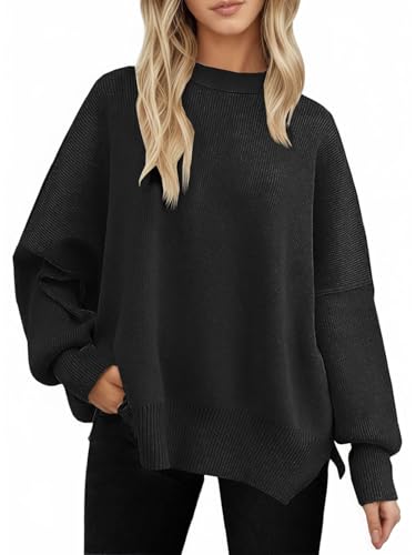 Yutdeng Oversize Pullover Damen Elegant Strickpullover Lang Sweatshirt Rundhals Langarm Pulli Locker Warmer Fledermausärmel Pullover Winter Herbst Oberteile Strickpulli Jumper Sweater,Schwarz,XL von Yutdeng