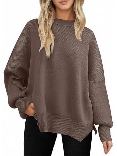 Yutdeng Pullover Damen Casual Strickpullover Winter Rundhals Pulli Warm Langarm Oberteile Gestrickt Jumper Lose Sweater Herbst Tops Weich Oversize Pullover Elegant Fledermaus Ärmel Seitenschlitz von Yutdeng