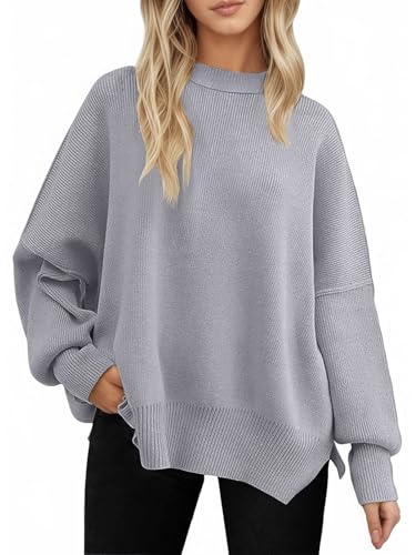 Yutdeng Pullover Damen Casual Strickpullover Winter Rundhals Pulli Warm Langarm Oberteile Gestrickt Jumper Lose Sweater Herbst Tops Weich Oversize Pullover Elegant Fledermaus Ärmel Seitenschlitz von Yutdeng