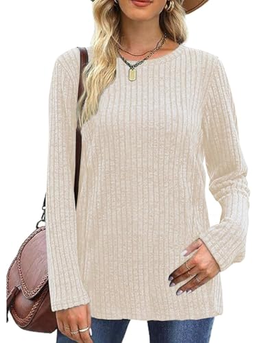 Yutdeng Pullover Damen Casual Sweatshirt Basic Langarmshirt Winter Rundhals Longshirt Damen Rippstrick Elegant T-Shirt Langarm Strickpullover Lässig Pulli Herbst Tunika Shirt Oberteile Einfarbig Tops von Yutdeng